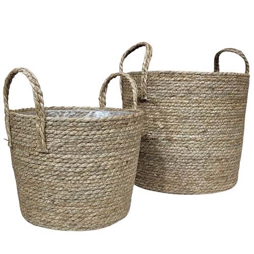 Set of 2 Woven Seagrass Planter Baskets with Handles – Handwoven Plant & Flower Pots for Indoor or Outdoor Use, Natural Straw Storage Baskets for Laundry Room, Living Room & Home Decor - size: Set of 2 (with handles), style: With handles