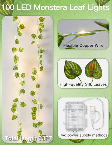 suddus Vines with Fairy Lights Battery & USB Powered Operated, 33ft 100 LED Watermelon Leaves String Lights with Remote, Artificial Plants for Indoor, Bedroom, Wedding, Wall, Party Decor(Warm White) - color: Watermelon, size: 100 LED-Battery-Copper