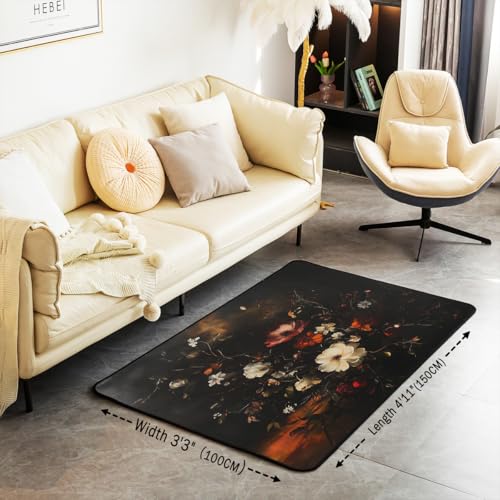 Erosebridal Vintage Floral Area Rug 4'11" x 3'3" Dark Flower Living Room Rugs Retro Botonical Fall Decorative Carpet Vintage Aesthetic Indoor Floor Mat - color: Black White Red, size: 3'3" x 4'11" (Rectangular)
