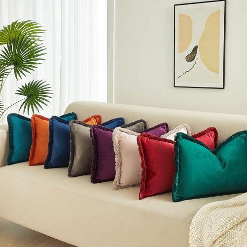 JUSPURBET Champagne Decorative Velvet Fringe Throw Pillow Covers 16x24 Set of 2 Boho Soft Cushion Case for Home Decor Living Room Couch Sofa Bed - color: Champagne, size: 24" x 16" (Pack of 2)