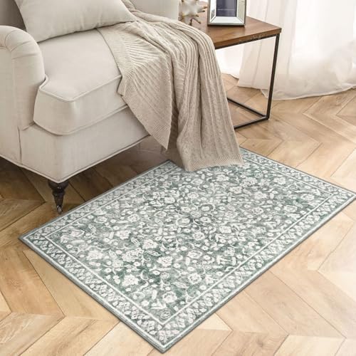 Vintage Washable Rug 2x3, Sage Green Grey Small Area Rugs for Entryway, Floral Super Soft Kitchen Rugs, Low-Pile Throw Rugs Indoor Door Mat Thin Print Faux Wool Carpet for Entrance, Office - color: Grey With Light Sage Green, size: 2' x 3' (Rectangular)