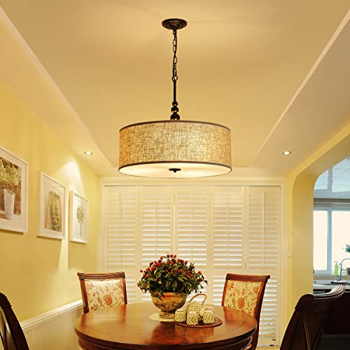 Shrine Lighting Drum Chandeliers, Farmhouse Style, Perfect Drum Pendant Light for Dining Room, D21'' x H8'', Adjustable Chains 59'', E26*3 Sockets, Beige Linen Fabric Lampshade & Black Rod - color: Beige&Black D20''