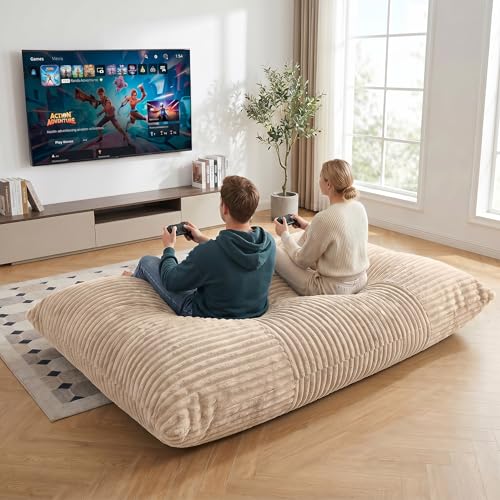 3 in 1 Bean Bag Chair with Memory Foam Filler, Beanbag Chairs for Adult with Washable Cover, Fluffy Oversize Bean Bag Chair Reading Lounger for Bedroom & Living Room (Light Brown) - color: Cream