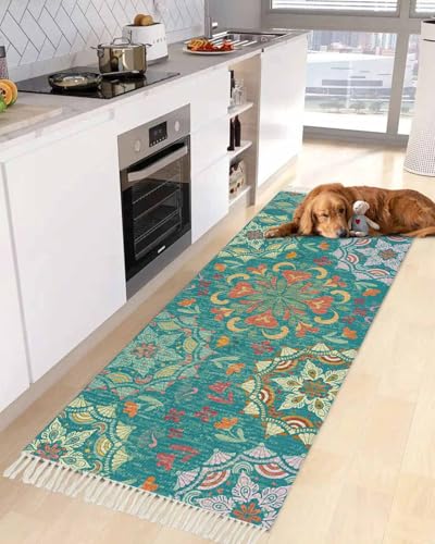 Green Boho Kitchen Runner Rug 2' x 4', Shabby Vintage Ethnic Abstract Floral Art Washable Rug with Tassels, Non Slip Woven Cotton Bathroom Rugs Hallway Carpet for Foyer Bedroom Entry Back Door Decor - color: Teal, size: 2' x 4' (Rectangular)