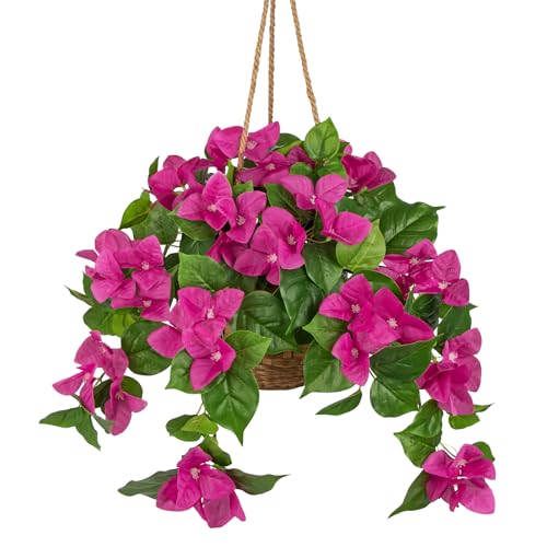 Briful Fake Hanging Basket Flowers, 27.5in Faux Pink Bougainvillea Flowers in Woven Rattan Planter with Cascading Vines for Home Garden Balcony Outdoor Porch Decor, Pink - color: Hot Pink