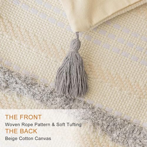 Boho Throw Pillow Covers 12x20 Set of 2 Woven Tufted Farmhouse Pillows Cover with Tassels Textured Striped Cushion Case Lumbar Pillow Cases Decorative Pillowcase for Sofa, Couch, Bed, Light Grey - color: Light Grey, size: 20" x 12" (Pack of 2)
