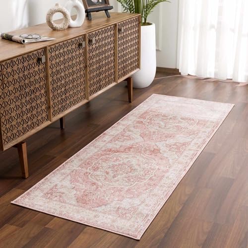 BoutiqueRugs Pink Oriental Traditional Cream 10ft Runner Rug Plum Beige Floral Medallion Kandos Hallway Kitchen Corridor Stairway Laundry Room 2'6" x 10' Stain Resistant Non-Shedding Pet Friendly - color: Cream/Pink/Plum, size: 2'8" x 10' (Runner)