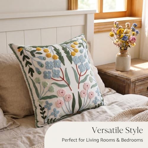 YIcabinet Pack of 2 Throw Pillow Covers,Little Daisy Embroidered Pillow Case Soft Decorative Pillowcases for Home Sofa Couch 18x18 Inch - color: White19