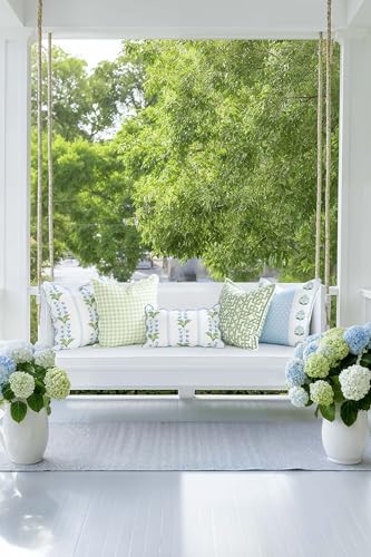 Hofdeco Premium Grandmillennial Coastal Hampton Patio Indoor Outdoor Throw Pillow Cover Only, 20"x20" Water Repellent for Backyard, Couch, Poolside, Blue Green Print Striped Lily of the Valley - color: Blue Grass Green Watercolor Striped Lily of the Valle