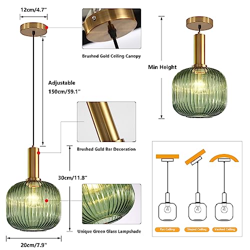 BOKT Mid Century Modern Green Glass Pendant Light Large Gold Globe Kitchen Island Pendant Light Fixture Minimalist Anti Brushed Brass Round Ceiling Hanging Pendant Lamp (7.9" Green) - color: Green