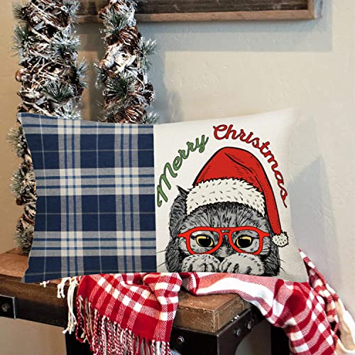 Merry Christmas Cat Throw Waist Pillow Cases 12x20 Inch Navy Buffalo Plaids with Xmas Animal Cats Wearing Red Santa Hat Glasses Covers Cotton Linen Pillowcases, (E-450) - color: Xmas Cat