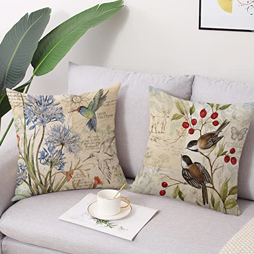 wyooxoo Farmhouse Pillow Covers 16x16 Set of 4 Spring Summer Throw Pillow Covers Linen Flower Butterfly Bird Decorative Pillowcases for Sofa Couch Living Room Outdoor - color: Color C, size: 16" x 16" (Pack of 4)