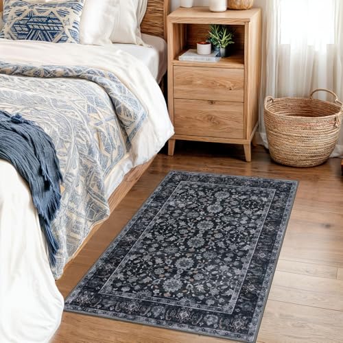 KUTA Vintage Floral Entryway Rug 2x3, Kitchen Area Rugs Non-Slip Washable Throw Rug, Black Grey Orange Ultra Thin Soft Print Front Door Mat Indoor Doormat for Entrance, Bedside, or Small Spaces - color: Black Grey Orange, size: 2' x 3' (Rectangular)