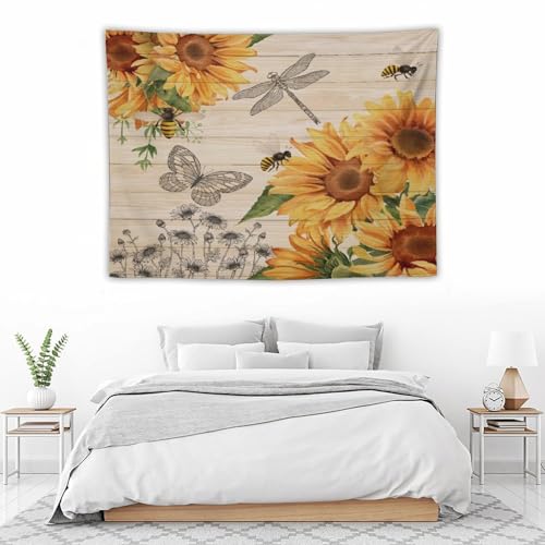 Sunflower Tapestry,Watercolor Flower Rustic Wooden Plank Retro Barn Door Butterfly Tapestry for Bedroom,Nature Landscape Tapestry Wall Hanging for Living Room Dorm Home Decor,40"x30" - color: Sunflower-4, size: W40xL30in