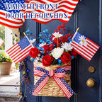 Patriotic Woven Hanging Basket Decor 4th of July Front Door Basket with American Stick Flag Star Stripe Ribbon Hanging Flower Arrangement for Independence Day Farmhouse Garden(Flower Not Included)