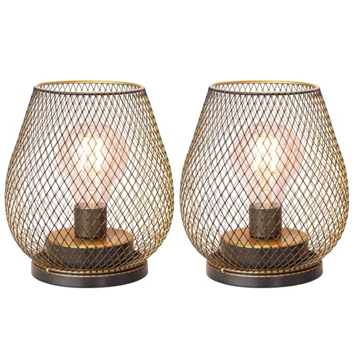 Set of 2 Battery Operated Lamp LED Table Lantern, Golden Metal Cage Cordless Lamps with LED Bulb，Vintage Decorative Outdoor Lantern for Weddings, Parties, Patio, Events for Indoor Shelf Decor - style: Golden Egg / Timer