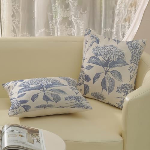 Vintage Blue Pillow Covers 16x16 Inch 2 Pcs Boho Floral Decor Throw Pillows Hydrangea Flower Seasonal Outdoor Farmhouse Neutral Accent Decoration Pillowcase Linen Cushion Cover for Couch - color: Boho Vintage Blue Hydrangea, size: 16" x 16" (Pack of 2)