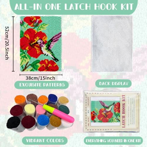 ORIGACH Hummingbird Latch Hook Rug Kit for Adults Printed Rug Making Kit Handmade Carpet Tapestry Cover with Hook Latch and Preprinted Canvas, Home Arts Crafts Sofa Decor, 20.5x15inch - style: Hummingbird