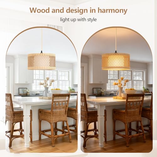 ZSLAIFU Hanging Lamp Plug in Pendant Light, 15FT Hanging Lights with Plug in Cord, Hanging Light with Bulb and Remote, Wood Shade Hanging Lamps for Bedroom, Living Room, Kitchen, Farmhouse - color: Wood - White Shade