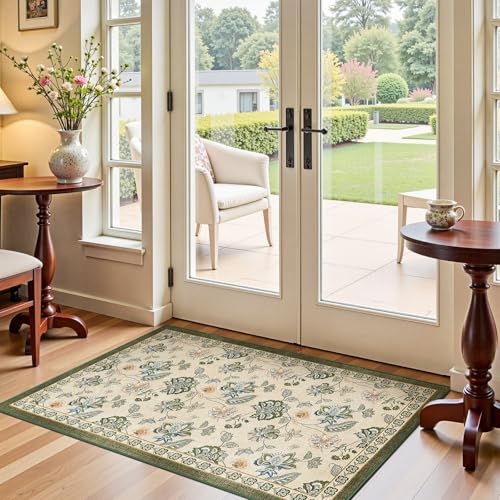 jinchan Elora 3x5 Floral Rug for Entryway Washable Kitchen Rug Vintage Romance Design Small Mat Non Slip Indoor Doormat Lightweight Low-Profile Throw Carpet for Bathroom Laundry Room, Green/Beige - color: Bloom Green/Beige, size: 3' x 5' (Light Weight)