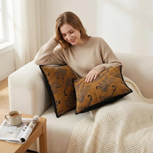 Mantle & Mason Leopard Throw Pillow Covers 18x18 Set of 2 Cheetah Decorative Pillow Covers for Couch Bed Living Room Mid Century Modern Soft Cushion Covers Brown - color: Leopard Camel, size: 18" x 18" (Pack of 2)