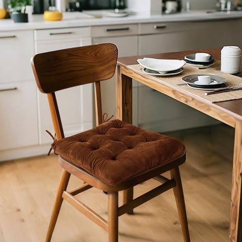 ELFJOY 4 Pack Chair Cushions for Dining Chairs Chair Pads Cushion for Kitchen Office Tufted Square Seat Cushion with Ties (16" Coffee Velvet) - color: Coffee Velvet