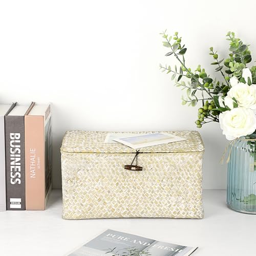Hipiwe Seagrass Storage Basket Bins with Lid, Handwoven Wicker Shelf Baskets Bin Rectangular Household Basket Organizer Boxes for Shelf Closet Bedroom Home Decor, Whitewash Medium - color: Whitewash, size: Medium