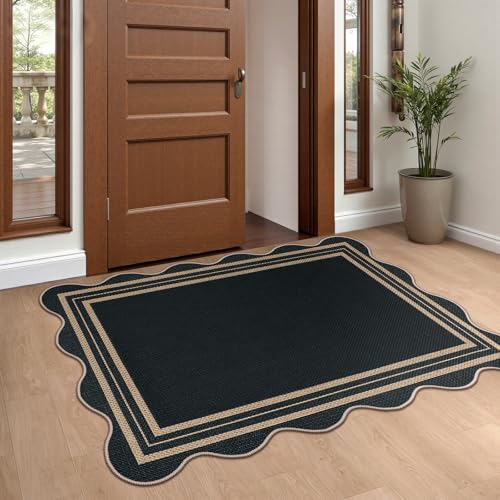 Easy Jute Black Front Door Mat, 2.6x4 Washable Entryway Rug Non Slip Small Kitchen Rug, Farmhouse Low Pile Floor Scalloped Rugs for Bathroom Porch Doorway - color: Black Geometric, size: 2.6'x4' (Rectangular)