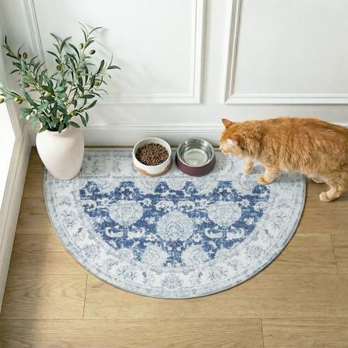 jinchan Fiora Washable Small Area Rug, 2x3 Half Circle Floral Entryway Rug, Low Pile Half Moon Doormat Soft Non Slip Dirt Trapping Carpet for High Traffic Kitchen Bathroom Vanity, Distressed Dark Blue - color: Distressed Dark Blue, size: 1'9" x 3' (Semici