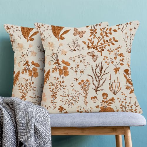 AEIOAE Fall Pillow Covers 16x16 Inch Set of 2,Burnt Orange Wild Flower Plant Throw Pillows Case,Seasonal Floral Outdoor Decorative Square Linen Farmhouse Decor Cushion Covers for Home Sofa Bed Couch - color: Burnt Orange Wild Floral, size: 16" x 16" (Pack