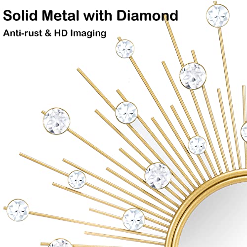 Gold Sunburst Mirror for Wall Decor Metal Sun Wall Mirror Decorative with Crystal Diamond for Living Room Bedroom Entryway Large Circle Mid Century Modern Starburst Wall Hanging 24 Inch