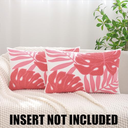 Embroidered Throw Pillow Covers 12x20 Pack of 2 Pink Botanical Tropical Leaf Pillow Covers Beach Ocean-Themed Decorative Cushions Case Farmhouse Boho Plant Tufted Pillowcases for Summer - color: Pink Tropical Leaf, size: 20" x 12" (Pack of 2)