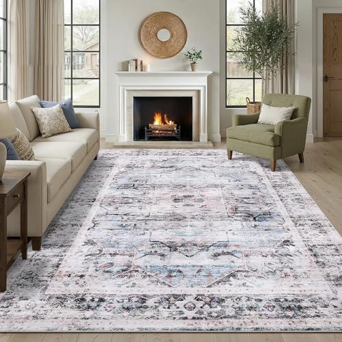 Area Rugs 9x12 for Living Room - Machine Washable Soft Large Rugs for Bedroom - Vintage Stain Resistant Non Slip Low Pile Carpet for Dinning Room Farmhouse Kis Room Home Office - color: Light Blue/Light Ivory/Beige, size: 9' x 12' (Rectangular)