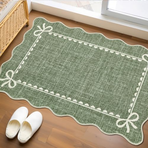 GarveeHome Scalloped Bow Rug for Kitchen Floor, Solid Green Rug for Dorm, Washable Entryway Rugs 2x3 Soft Low Pile Non Slip Scalloped Rugs for Nursery Bedroom Decor Hallway - color: Green, size: 2' x 3' (Rectangular)