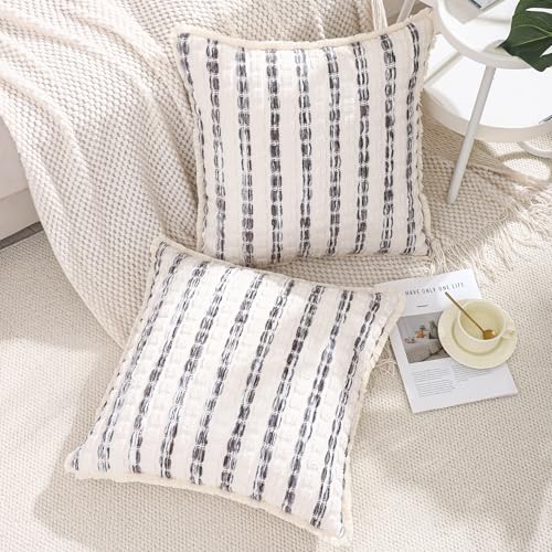 LUOYEHK Chenille Striped Throw Pillow Covers 18x18 Inch Set of 2 Boho Decorative Pillowcases with Fringe Farmhouse Neutral Gray Cushion Covers for Couch Sofa Bed Living Room - color: Gray, size: 18" x 18" (Pack of 2)
