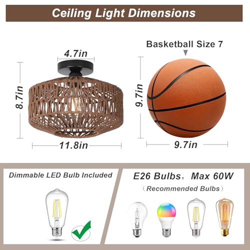 Boho Rattan Light Fixtures, Dimmable Ceiling Light with LED Bulb, Hand Woven Rattan Chandelier for Bedroom, Living Room, Entryway (Dark Brown) - color: Dark-Brown