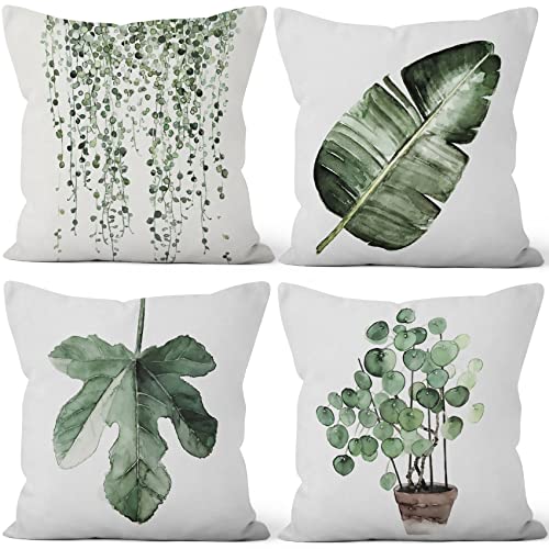 Green Plants Decorative Throw Pillow Covers, Green Leaves Velvet Throw Pillow Case, 4-Pack Double-Side Printed Pillowcases for Sofa and Living Room, 20x20 in - color: 02, size: 20" x 20" (Pack of 4)