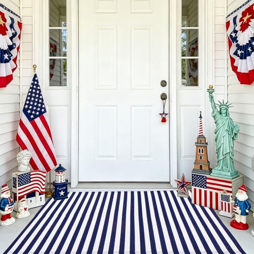 CAINANEL Blue and White Striped Rug 4th of July Door Mat 27.5"x43" Summer Front Porch Rug Independence Day Welcome Doormats for Farmhouse Entrance Porch Outdoors Decor(Blue and White, 27.5"x43") - color: Blue and White, size: 2'4" x 3'7" (Rectangular)