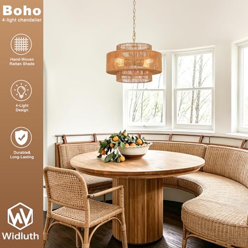 Widluth17.7 Rattan Pendant Light, Hand-Woven Boho Farmhouse Hanging Light Fixture, Drum Wicker Rattan Chandelier for Kitchen Island, Bedroom, Dining Room, Entryway - color: Gold 17.7"