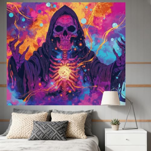 CRAFTYMELODY Reaper Blacklight Tapestry Glow in the Dark Tapestry UV Reactive Neon Reaper Skull Forest Wall Hanging 59×51 Inch with Hook Self Adhesive Sticker Clip for Bedroom Home Wall Decoration - color: Skull