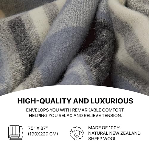 | Wool Blanket/Throw | 100% New Zealand Wool | Perfect for Home and Outdoors | Virgin Wool Throw with Fringes 75"x87" (190 x 220 cm) - color: Blue Geometry, size: Full