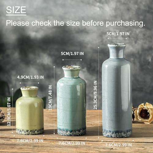 Flower Vase Set of 3, Ceramic Neutral Vases Home Decor, Pottery Rustic Farmhouse Decorative Vases Modern Decor for Table Mantel Entryway Bookshelf Living Room Kitchen Bedroom - Multicolor - color: 007 Rustic - Blue