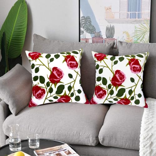 Alysheer Set of 2 Floral Embroidered Decorative Throw Pillow Cover 18" x 18" inches, Farmhouse Cottage Embroidery Red Rose Pattern Cotton Cushion Case for Sofa Couch Bed Living Room Outdoor Decor - color: Rose Red, size: 18" x 18" (Pack of 2)