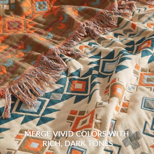 Bailix Boho Throw Blanket for Couch Sofa Bed, 100% Cotton Woven Quilt with Tassel 50”x60”, Super Soft Muslin Blanket with Patchwork Printed, Decorative Reversible Bed Blanket/Cover for All Seasons - color: H - Diamond, size: Throw-50" X 60"