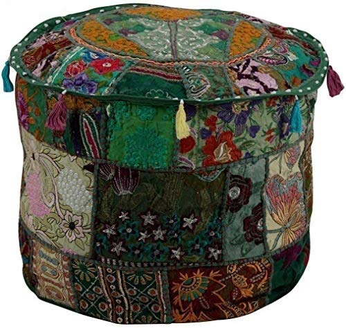 The Harry Creations Decorative Patchwork Comfortable Indian Ottoman Ethnic Cotton Cushion Bean Bag Designs Floor Embroidered Pouf Cover (Green, 18"x13") - color: Green, size: 18"x13"
