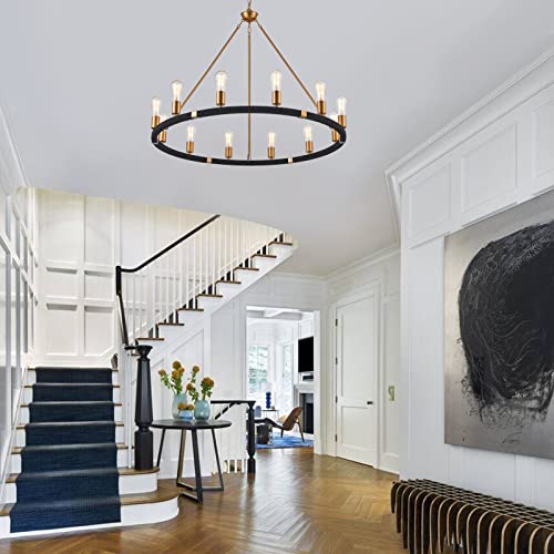 12-Lights Wagon Wheel Chandelier Bohemia Black Hand Woven Rattan Chandelier Farmhouse Large Brass Pendant Light for High Ceilings Living Room Dining Room, Dia 42 Inch, UL Listed - color: Brass&Black