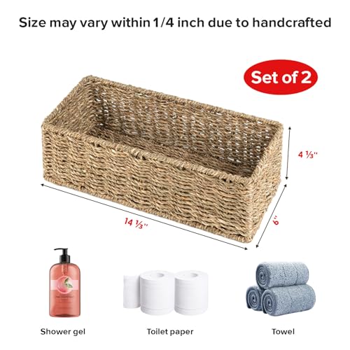 Small Wicker Baskets 2 Pack, Hand Woven Toilet Basket Tank Topper, Toilet Tank Basket for Bathroom Organizing, Seagrass Storage Baskets for Toilet Paper (14.4"Lx6.1"Wx4.4"H)