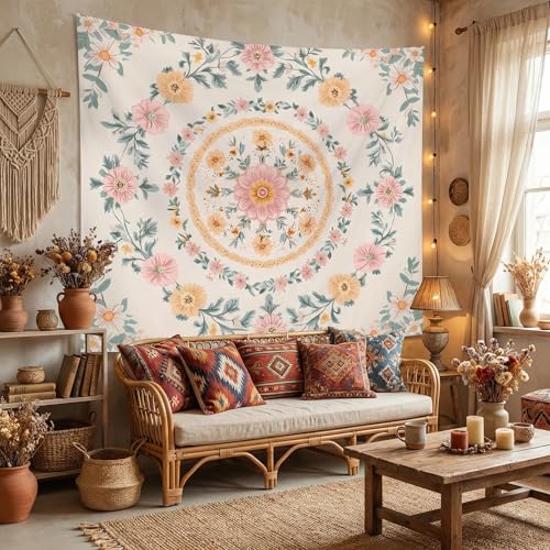 Alened Boho Mandala Tapestry Wall Hanging decor,Pink Floral hippie Tapestries,Decor for Bohemian bedroom Aesthetic（51"×60"） - color: pink Tapestry, size: 60"L x 51"W
