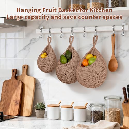 3 Pack Hanging Fruit Baskets with Hooks, Handwoven Cotton Wall Storage Baskets for Fruit Vegetable Plant 3 Sizes, Boho Decor Hanging Holder Teardrop Produce Basket for Kitchen Storage, Brown - color: Brown, size: 3 Pack