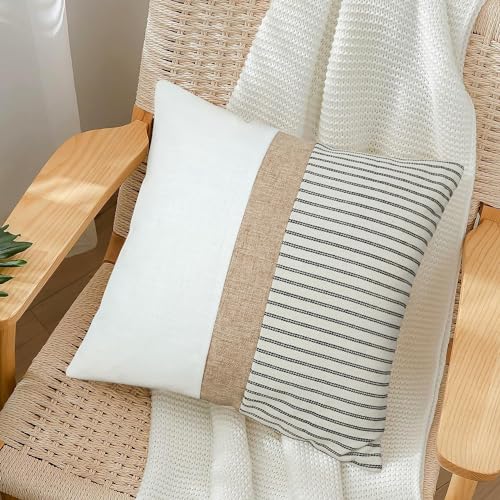 JASEN Farmhouse Pillow Covers 20x20, Modern Accent Square Throw Pillow Covers Set of 2, Grey and Beige Striped Patchwork Decorative Pillow Case for Sofa Couch Chair Bedroom - color: Grey, size: 20" x 20" (Pack of 2)